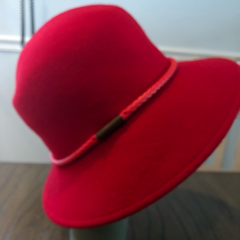 Nine West Red Wool Felt Fedora Hat with Braided Trim